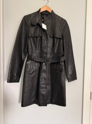Tuxedo calf leather belt midi trench