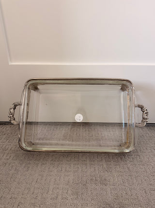 Glass casserole dish with silver-plated serving caddy