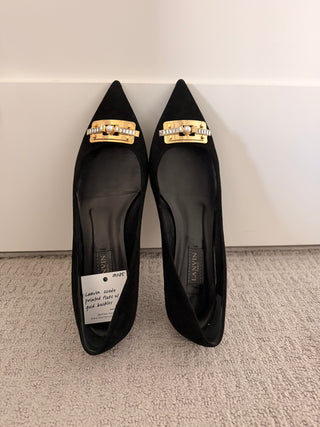 Suede pointed flats with gold pearl buckle