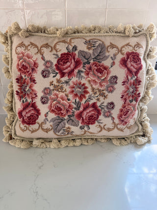 Tapestry stitch rose pillow pom pom trim