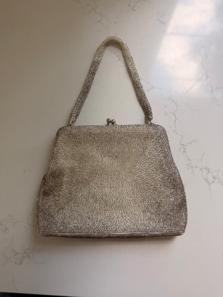 Two-tone grid beaded square pouch