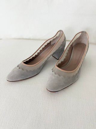 Grey scalloped suede block heels
