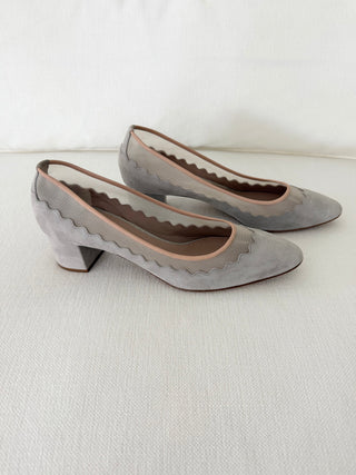 Grey scalloped suede block heels