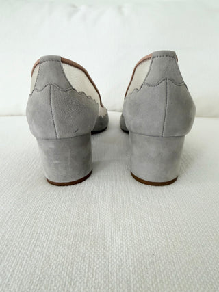 Grey scalloped suede block heels