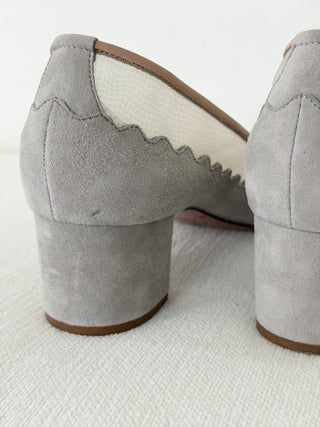 Grey scalloped suede block heels