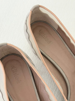 Grey scalloped suede block heels