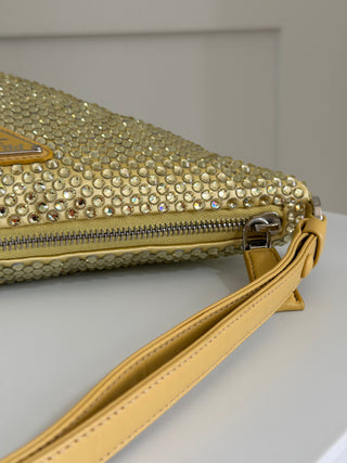 Triangle top handle crystal embellished satin mini