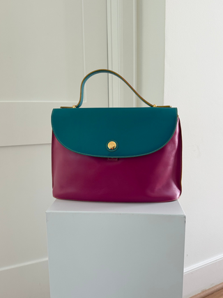 Colorblock top-handle calf leather flap bag