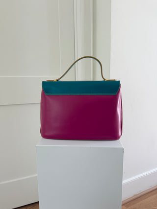Colorblock top-handle calf leather flap bag