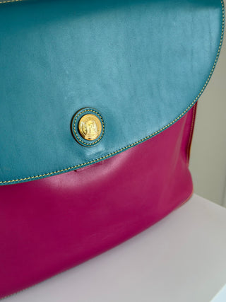 Colorblock top-handle calf leather flap bag