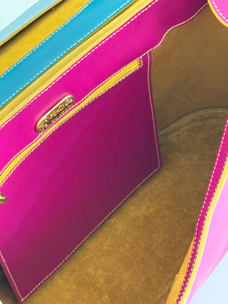 Colorblock top-handle calf leather flap bag