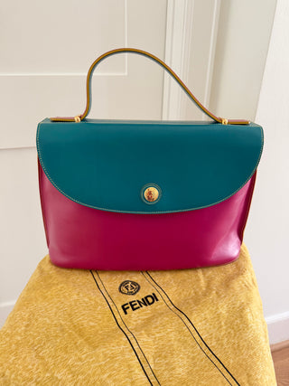 Colorblock top-handle calf leather flap bag