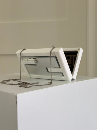 White acrylic mirrored clutch with chain