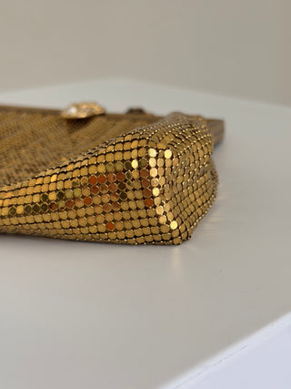 Gold mesh kiss-lock evening wristlet