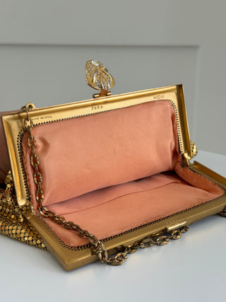 Gold mesh kiss-lock evening wristlet
