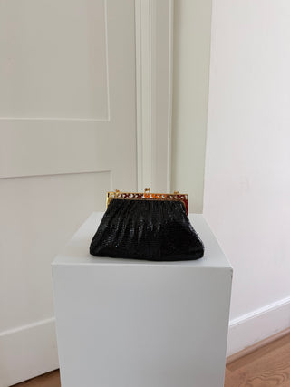 Two-tone black mesh wristlet bag