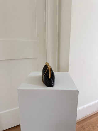 Two-tone black mesh wristlet bag