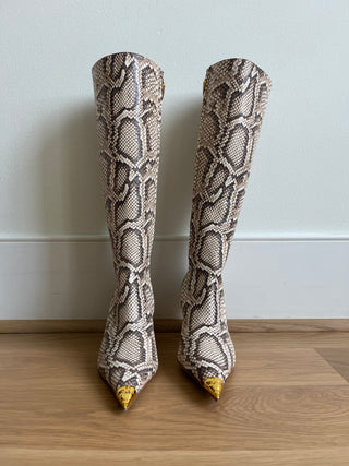 Gold tipped python leather boots