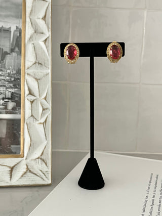 Raw ruby oval crystal earrings