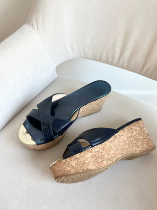 Navy and blue leather cork wedges