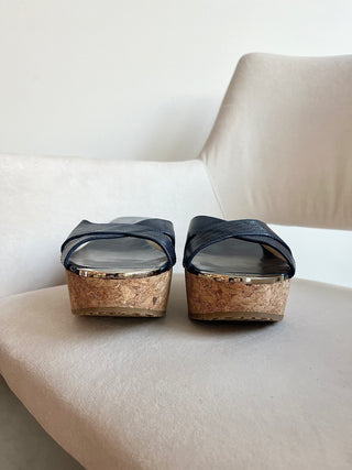 Navy and blue leather cork wedges