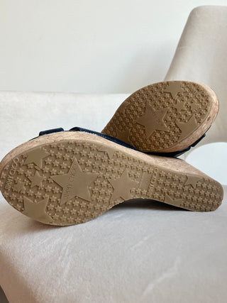 Navy and blue leather cork wedges