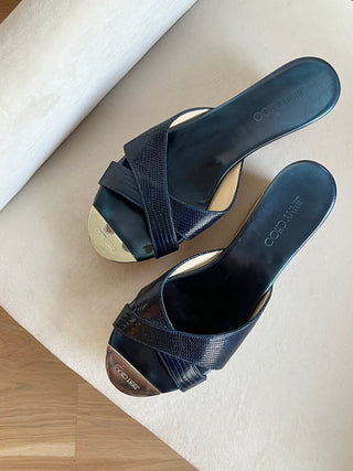 Navy and blue leather cork wedges