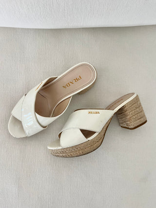 White patent raffia block heel sandal