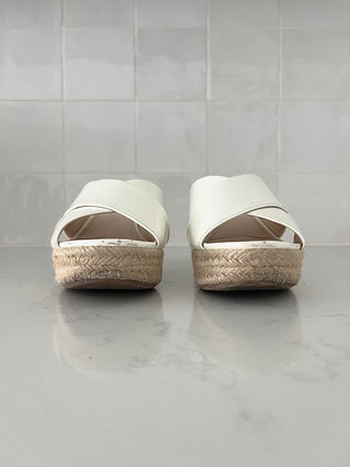 White patent raffia block heel sandal
