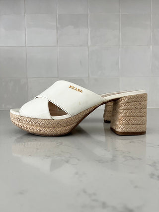 White patent raffia block heel sandal