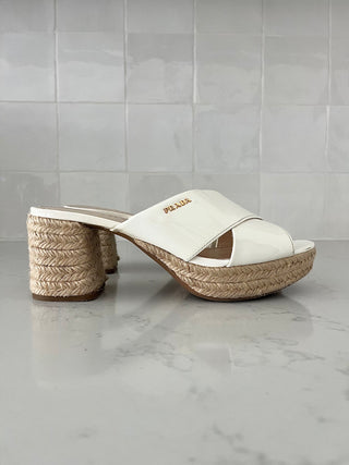 White patent raffia block heel sandal
