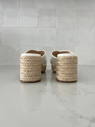 White patent raffia block heel sandal