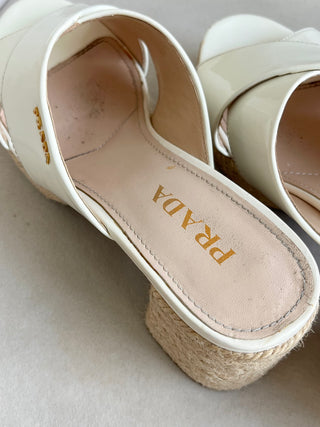 White patent raffia block heel sandal