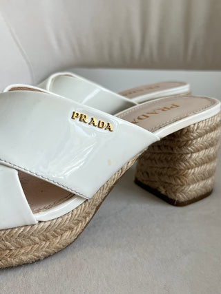 White patent raffia block heel sandal