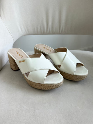White patent raffia block heel sandal