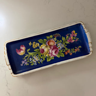 Handpainted gold leaf cobalt floral tray