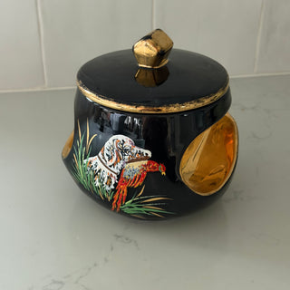 Gold leaf hunting dog tobacco pot with lid, France