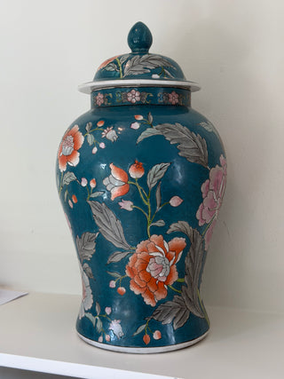 Chinese porcelain XL ginger jar, aqua peach florals