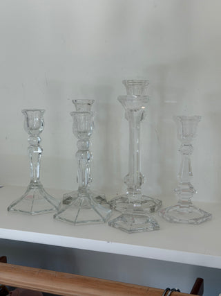 Mixed heights glass candlesticks, sold as set x5