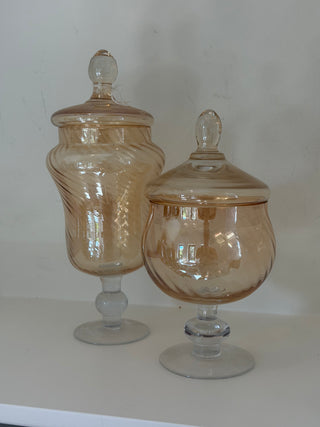Empoli-style peach iridescent apothecary jars, set x2