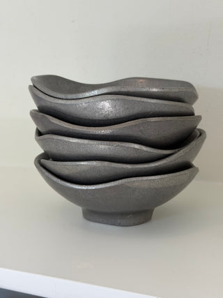 Pedestal pewter abstract cereal bowls, set x6