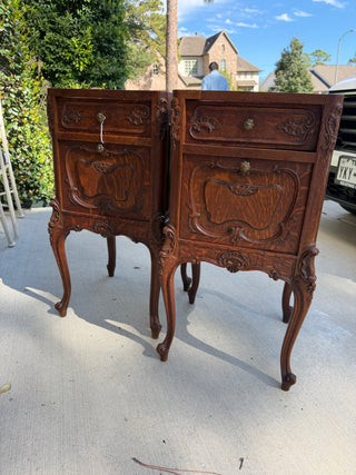 Louis XV-style marble top walnut Rococo nightstands, sold set x2