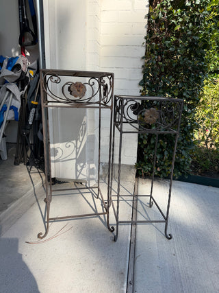 Wrought iron floral scroll work plant stands, set x2