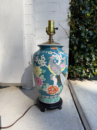 Aqua XL peacock ginger lamp, wooden base