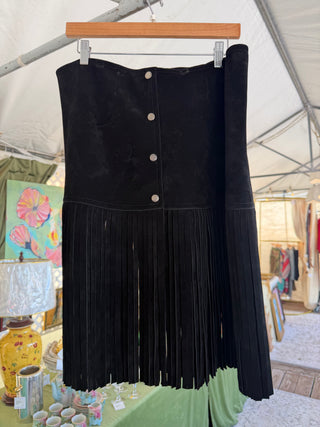 Black brushed suede long fringe skirt