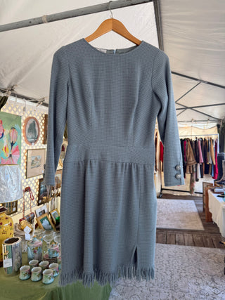 Dusty blue wool tweed mini fringe dress