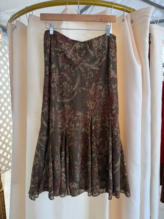 Olive burgundy floral midi bell lined skirt
