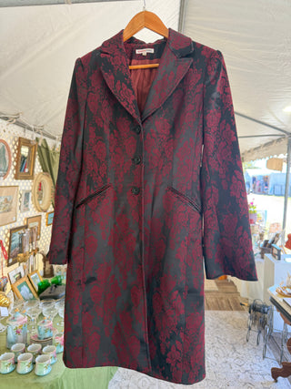 Black burgundy brocade mid-length evening jacket