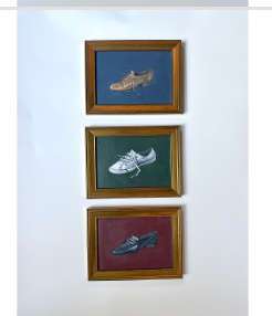 Shoe Trio on crimson, emerald, navy